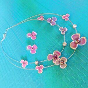 Vintage double necklace and earrings set violets and gems costume jewelry VGU